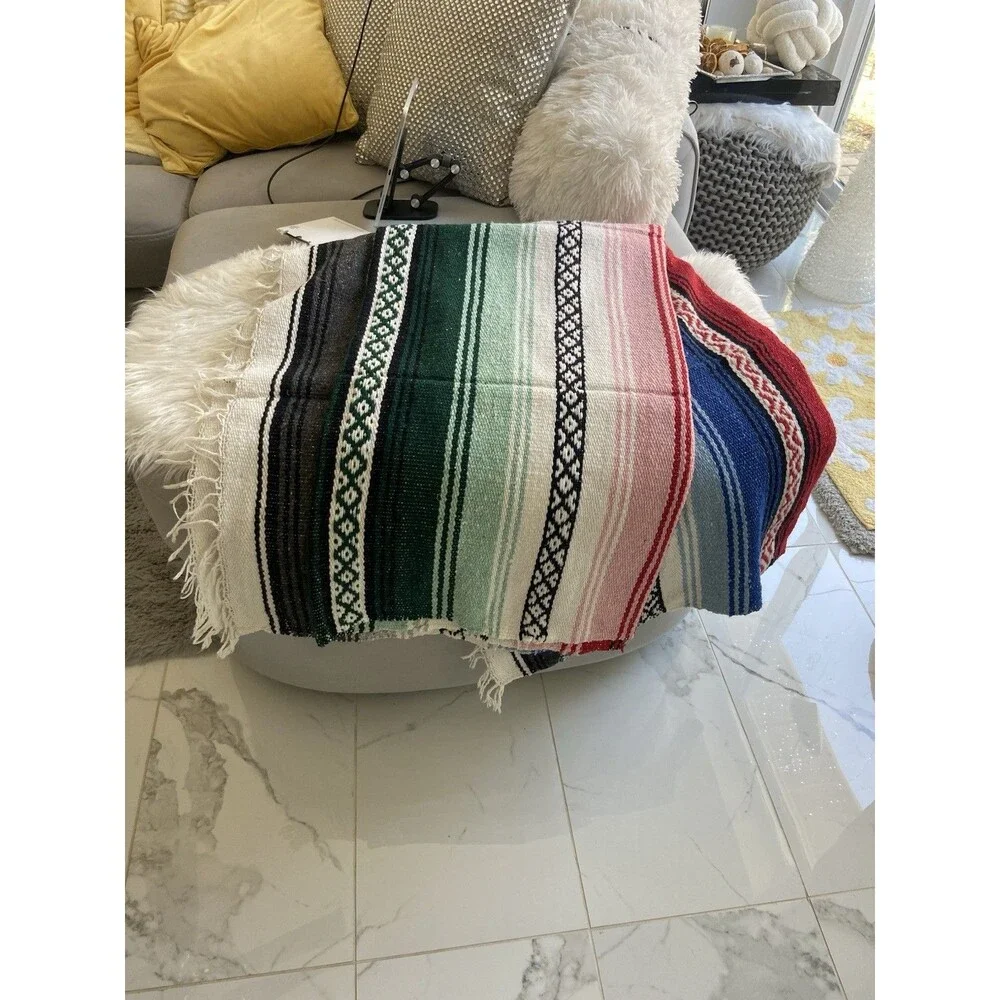 Mexican Serape Falsa Blanket Throw Southwestern Striped Fringe Yoga Boho 78x58